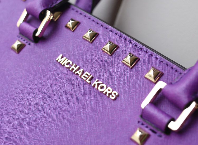 MK铆钉包 Michael Kors 蝙蝠包紫色原版十字纹牛皮手提包斜挎包