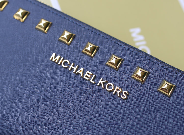 时尚新款女钱包 MK铆钉钱包 宝蓝 十字纹牛皮 长款女士钱夹手拿包