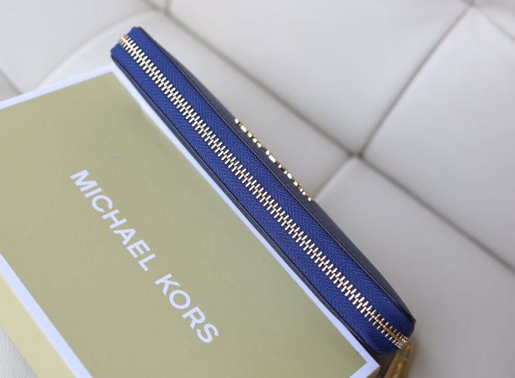 夏季新款钱包 MK宝蓝色十字纹牛皮 女款拉链钱夹卡包