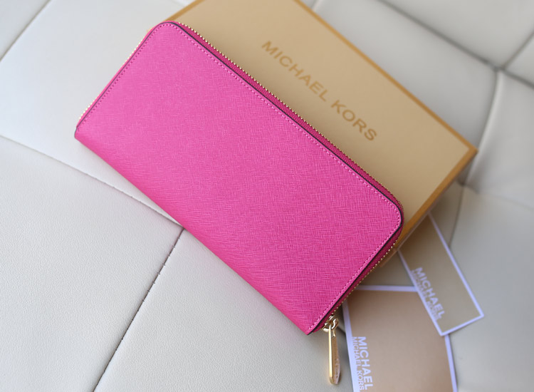 2014时尚新款钱包 MK原版十字纹牛皮镶钻拉链钱夹手包 玫红色