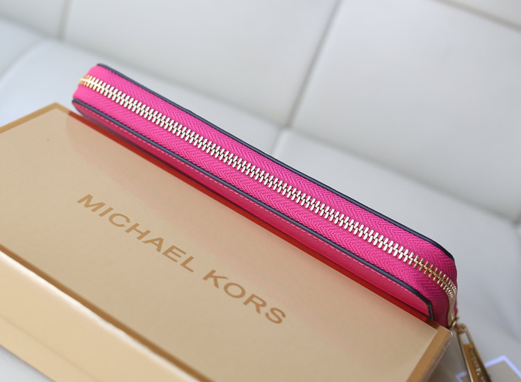 2014时尚新款钱包 MK原版十字纹牛皮镶钻拉链钱夹手包 玫红色