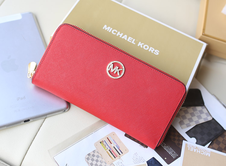 Michael Kors 2014新款镶钻拉链钱夹 红色原版顶级十字纹牛皮女款钱包手包