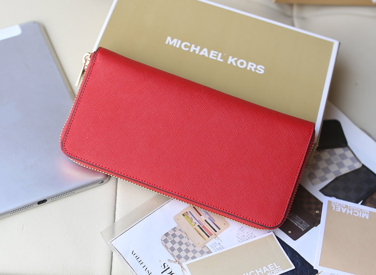 Michael Kors 2014新款镶钻拉链钱夹 红色原版顶级十字纹牛皮女款钱包手包
