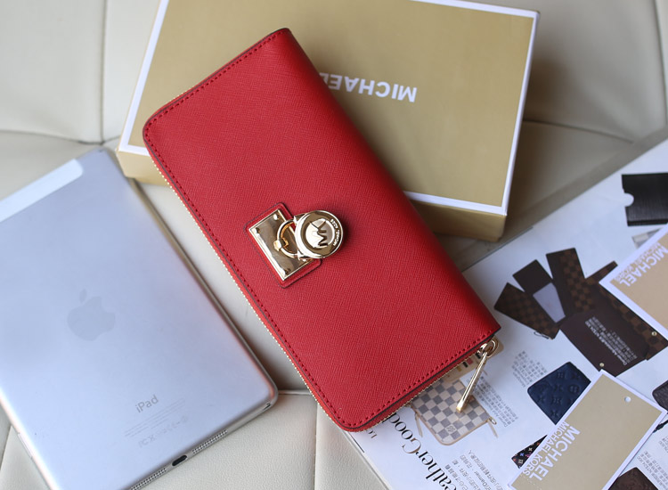 欧美品牌钱包 Michael Kors MK红色进口十字纹牛皮锁头长款钱包手包