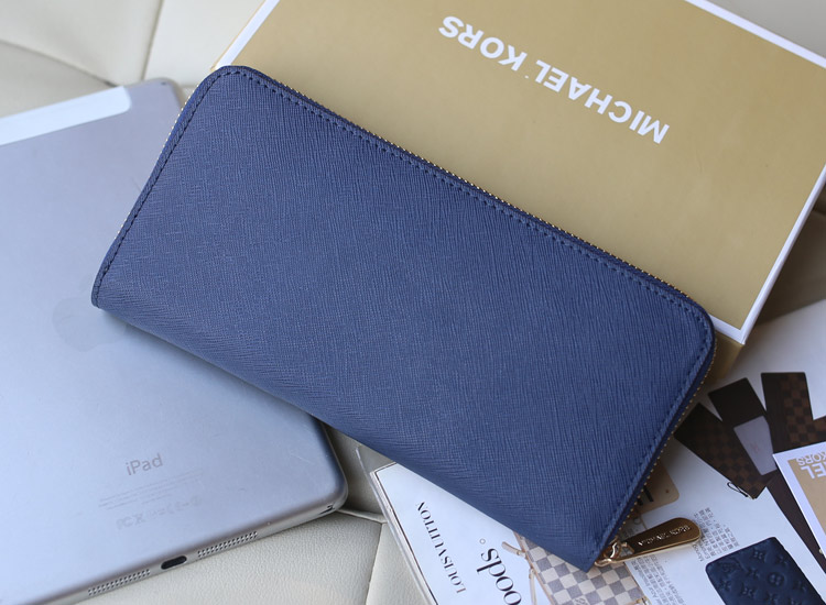 MK2014新款钱包 原版十字纹牛皮 宝蓝色 拉链长款钱包手包