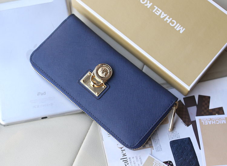 MK2014新款钱包 原版十字纹牛皮 宝蓝色 拉链长款钱包手包