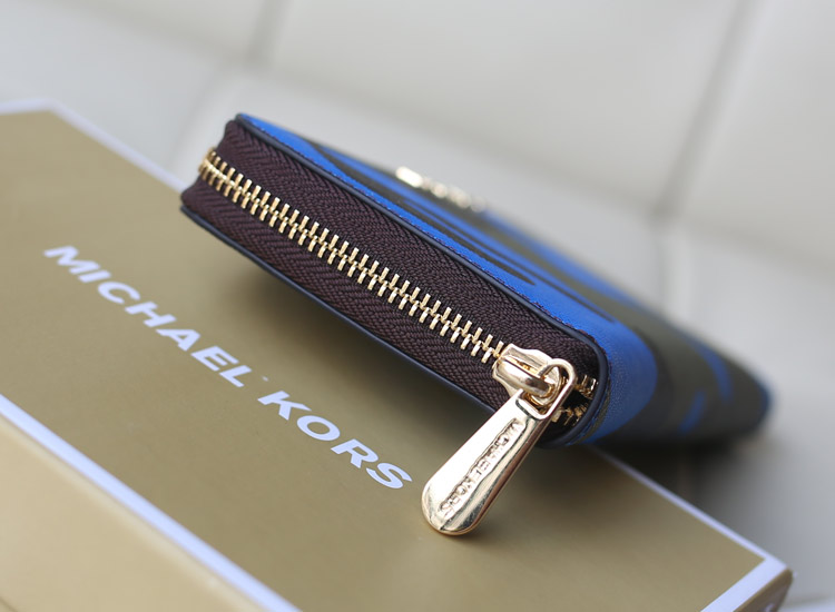 MK钱包批发 2014新款迷彩钱包 蓝色 原版十字纹牛皮长款拉链钱包钱夹 