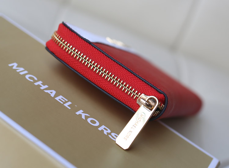 Michael Kors 原版十字纹牛皮 拼色系列钱包 红色 拉链钱包钱夹手包