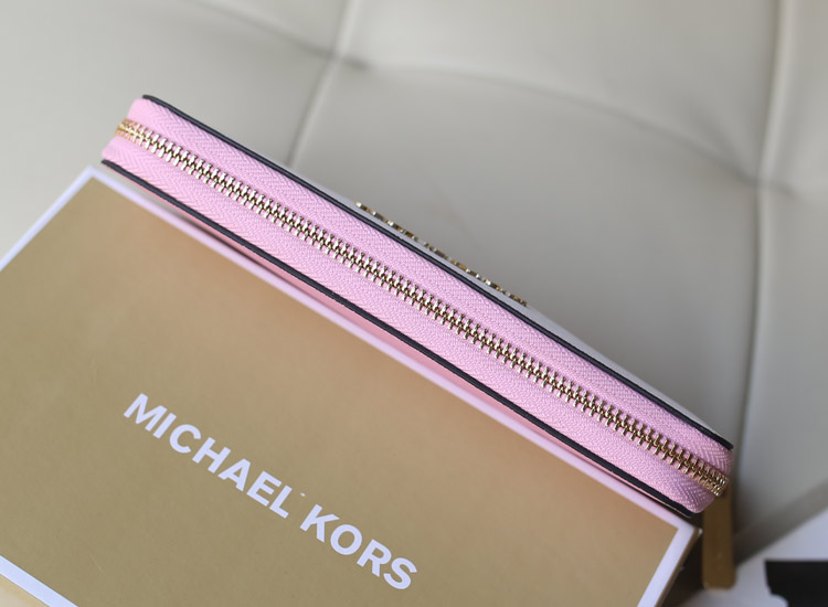 MK包包批发 进口顶级十字纹牛皮拉链钱夹钱包手包 粉色拼白色 