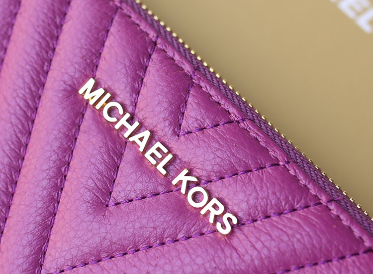 高档真皮钱包 欧美品牌MK原版顶级羊皮V型车线 紫色 拉链女钱包钱夹手包