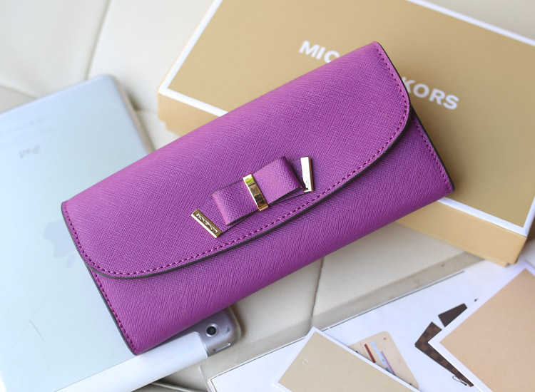 MK爆款女士钱包 原版顶级十字纹牛皮蝴蝶结钱夹 紫色长款搭扣钱夹手包 
