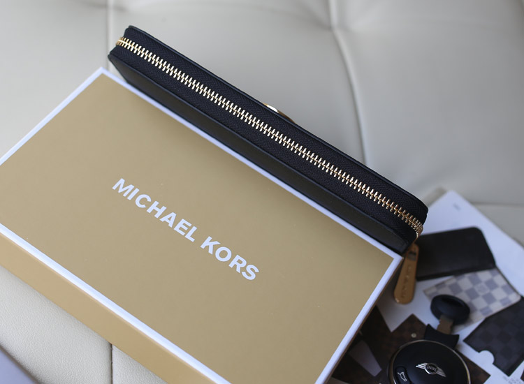 MK2014新款钱包 黑色原版进口十字纹牛皮镶钻拉链钱包 长款女士钱夹手包