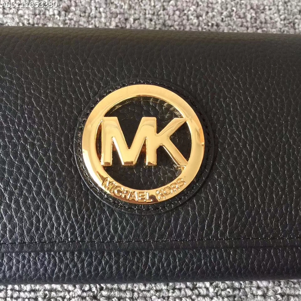 厂家直销 MK迈克科尔斯头层荔枝纹牛皮圆LOGO钱夹三折钱包 黑色