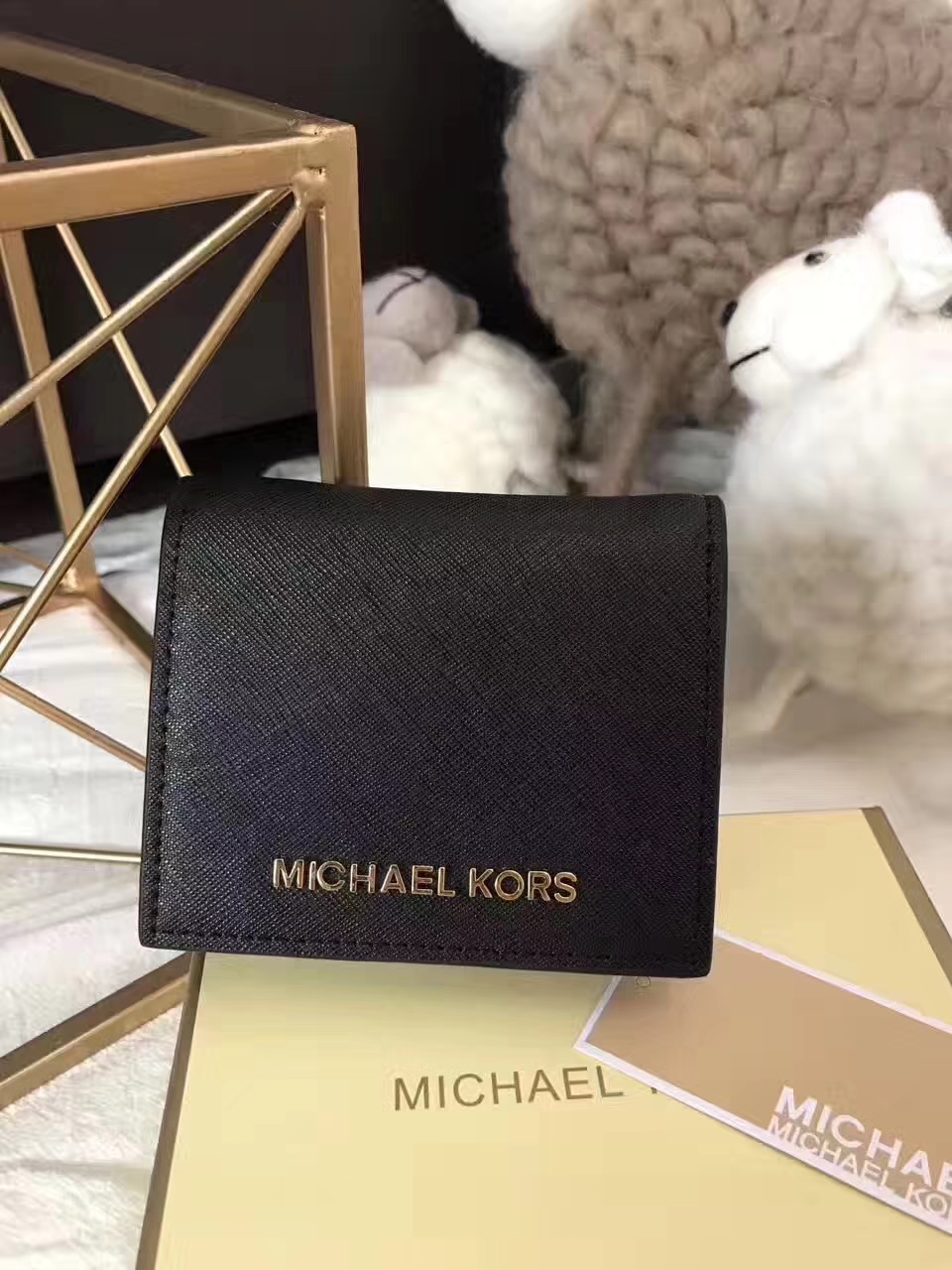迈克尔高仕钱夹 MK原版十字纹牛皮吸扣短款钱包卡包 黑色