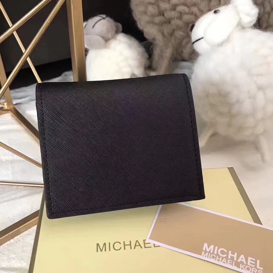 迈克尔高仕钱夹 MK原版十字纹牛皮吸扣短款钱包卡包 黑色