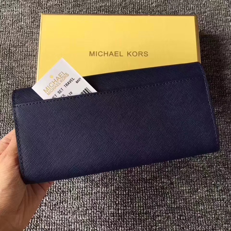 MK钱包价格 迈克高仕深蓝色十字纹牛皮翻盖长钱包女士手包19cm