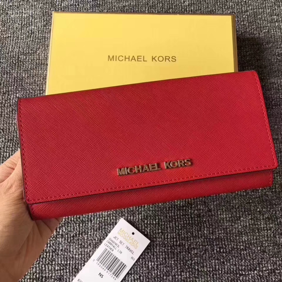 迈克科尔斯钱包 MK新款翻盖长款钱夹手包19cm 红色十字纹牛皮
