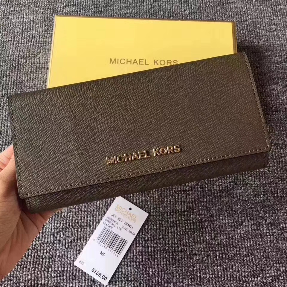 MK新款钱包 迈克高仕橄榄绿十字纹牛皮翻盖长钱夹女士手包19cm