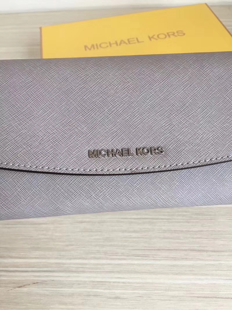 迈克高仕MK新款钱夹 原单十字纹牛皮三折信封长款钱包手包20cm 灰色