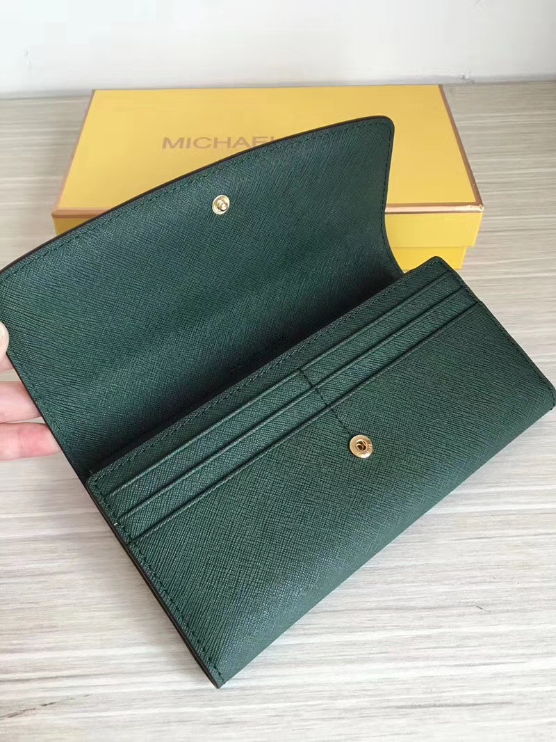 MK钱包批发 迈克科尔斯绿色十字纹牛皮原单三折长款钱夹手包20CM