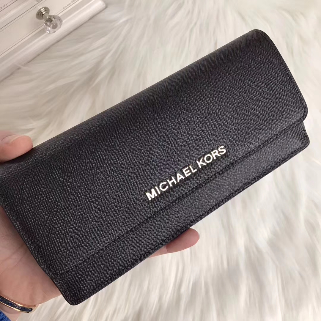 迈克科尔斯钱包 MK黑色原单十字纹牛皮对折长款钱夹手包20cm