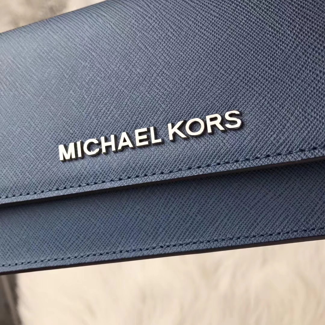 迈克高仕MK钱夹批发 原单十字纹牛皮新款对折钱包手包20cm 车菊蓝