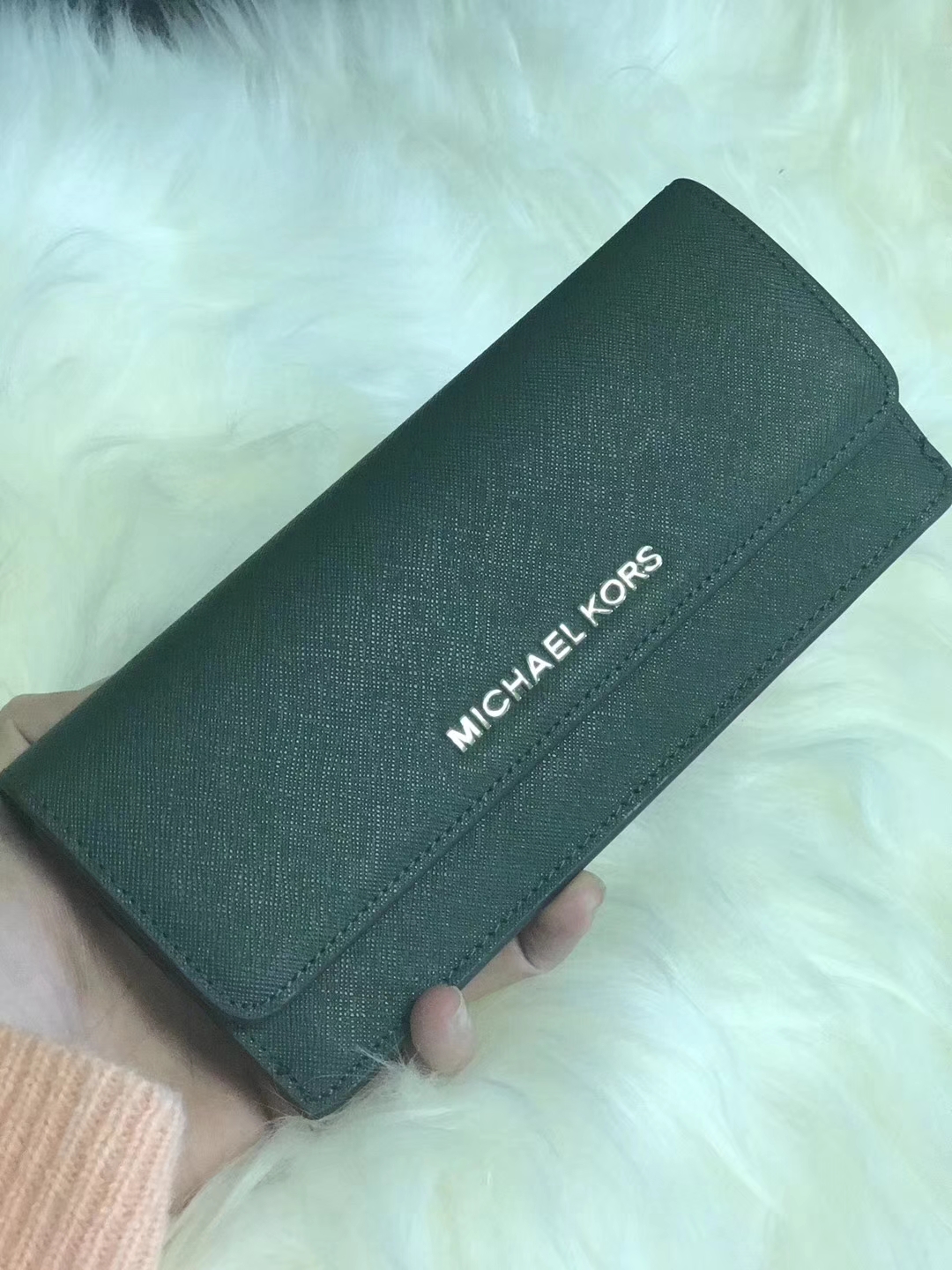 MK新款钱夹 迈克高仕绿色十字纹牛皮原单长款钱包手包20CM